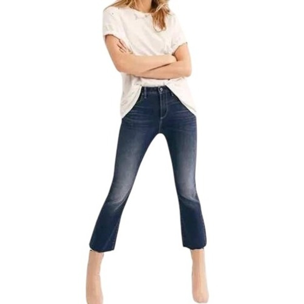 Driftwood Roxy Kick Flare Crop Jeans Raw Hem Dark Wash Size 27 High Rise Stretch